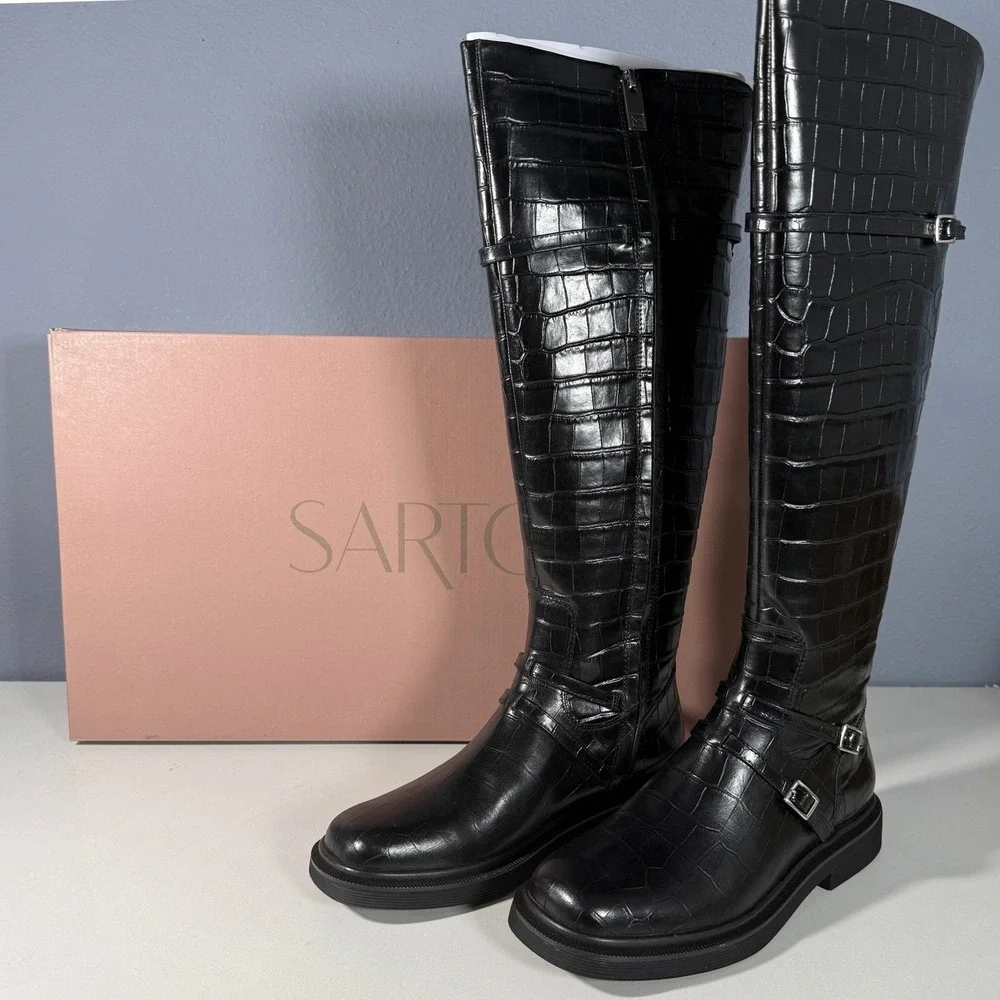SARTO by Franco Sarto Ainsley Black Croc Embossed Leather Knee High Boots Size 8